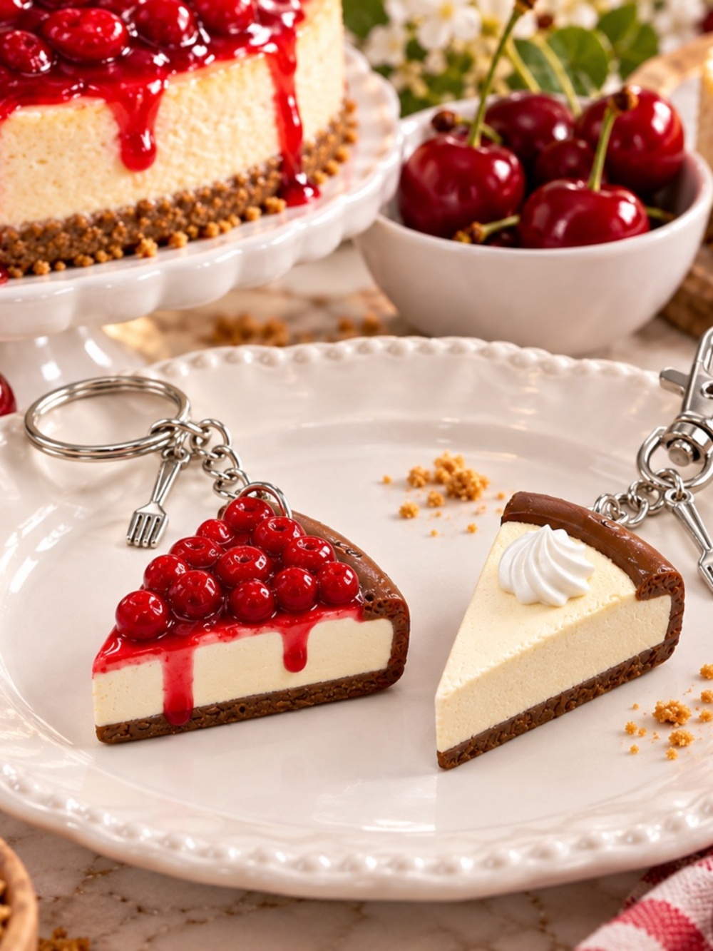 Cheesecake Cherry & Original Keychain or Bag Clip | Handmade Dessert Accessory